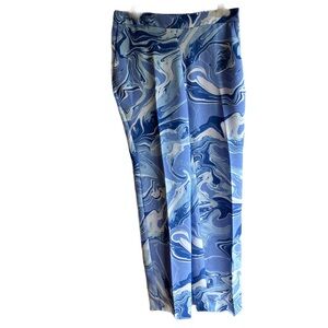 Chicos Marble Print Wide Leg Pants Size 4 Blue White Pockets Resortwear Pull On